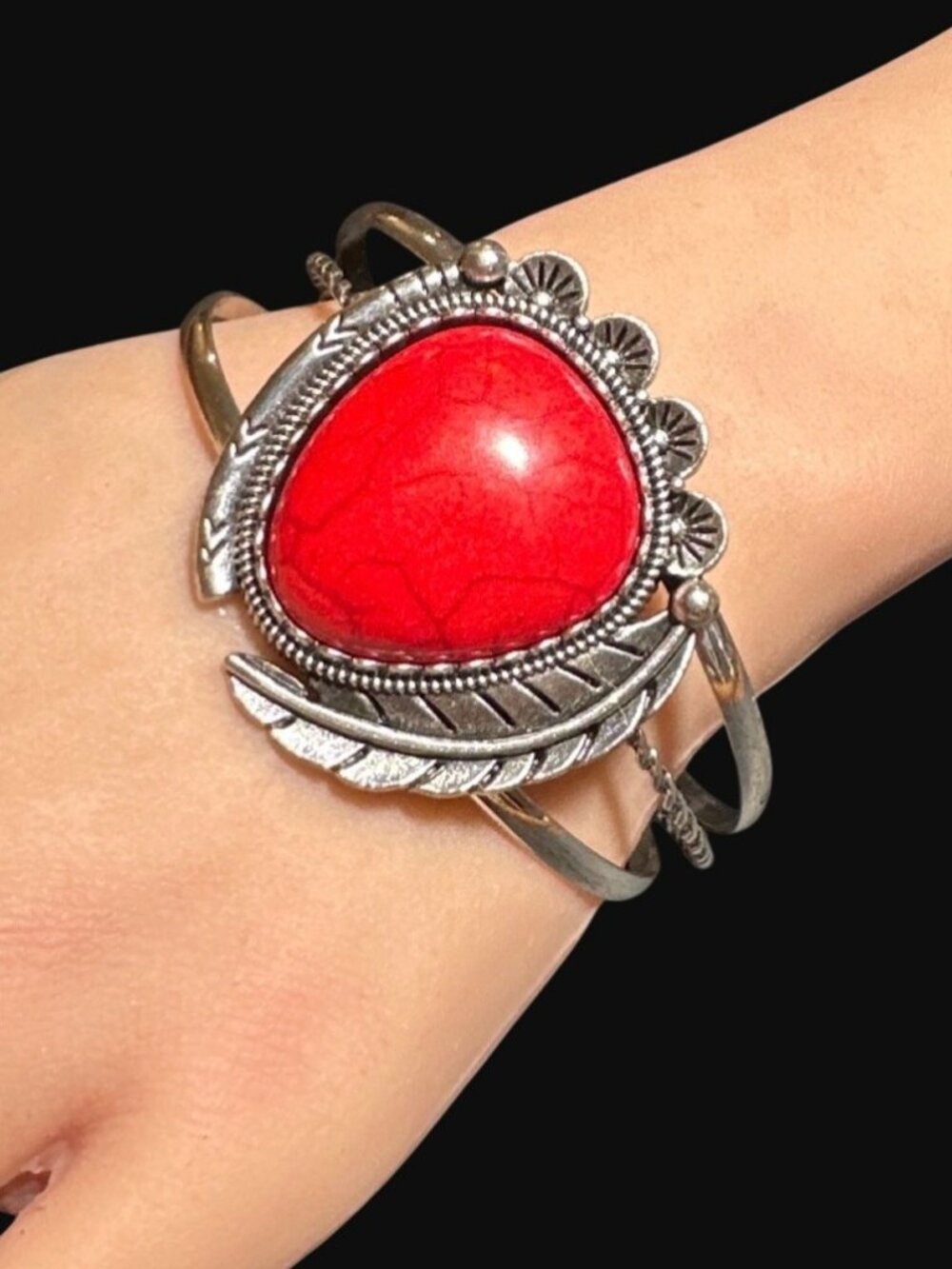Cuff Bracelet Simulated Stone Center Tribal Boho Style Red Silver Tone NWOT